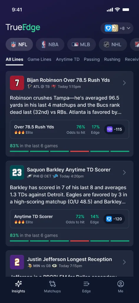 TrueEdge prop feed ranking NFL player props by confidence and edge